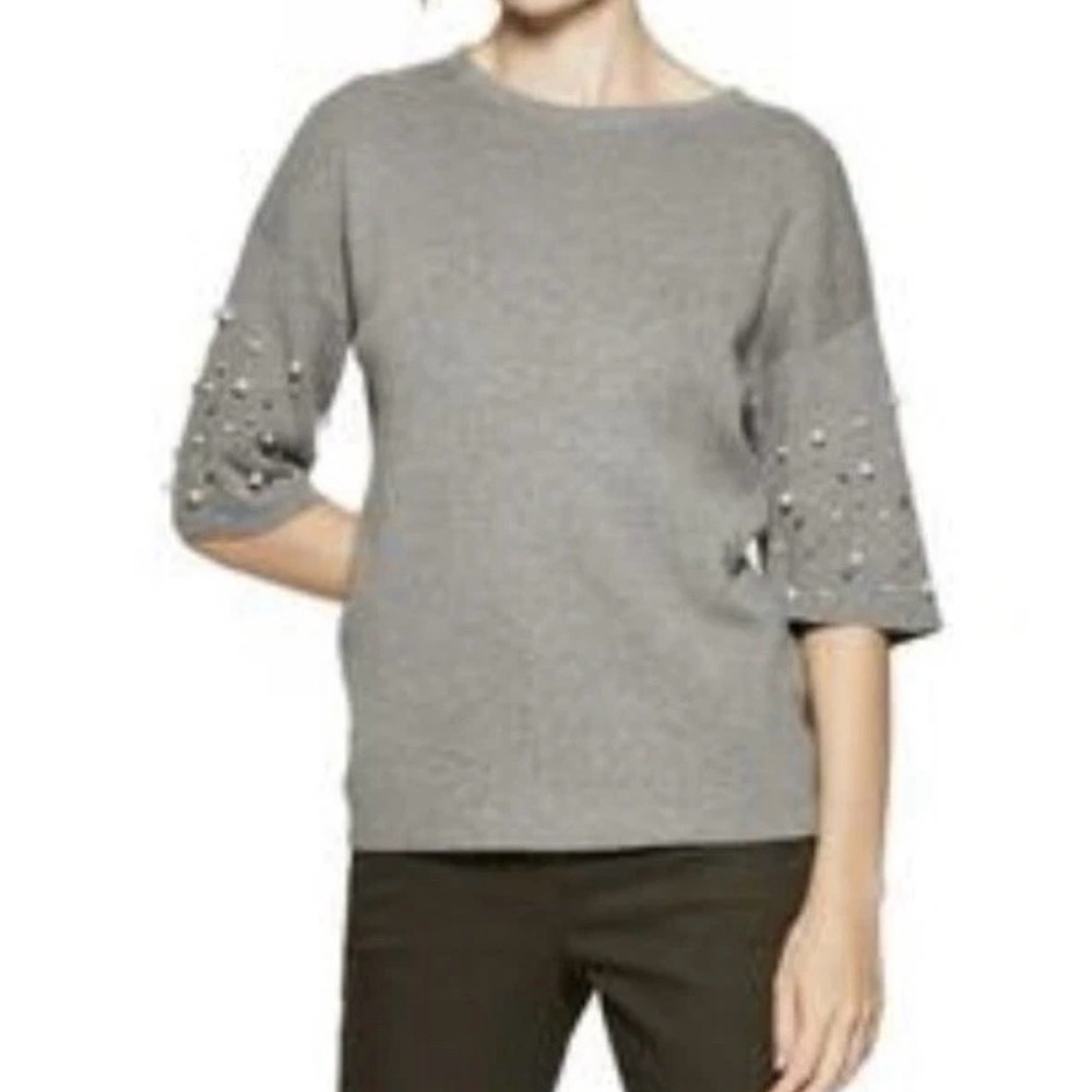 NWT Woman’s A New Day Knit Sweater Size XS Grey  Pearl Accent Short Sleeve